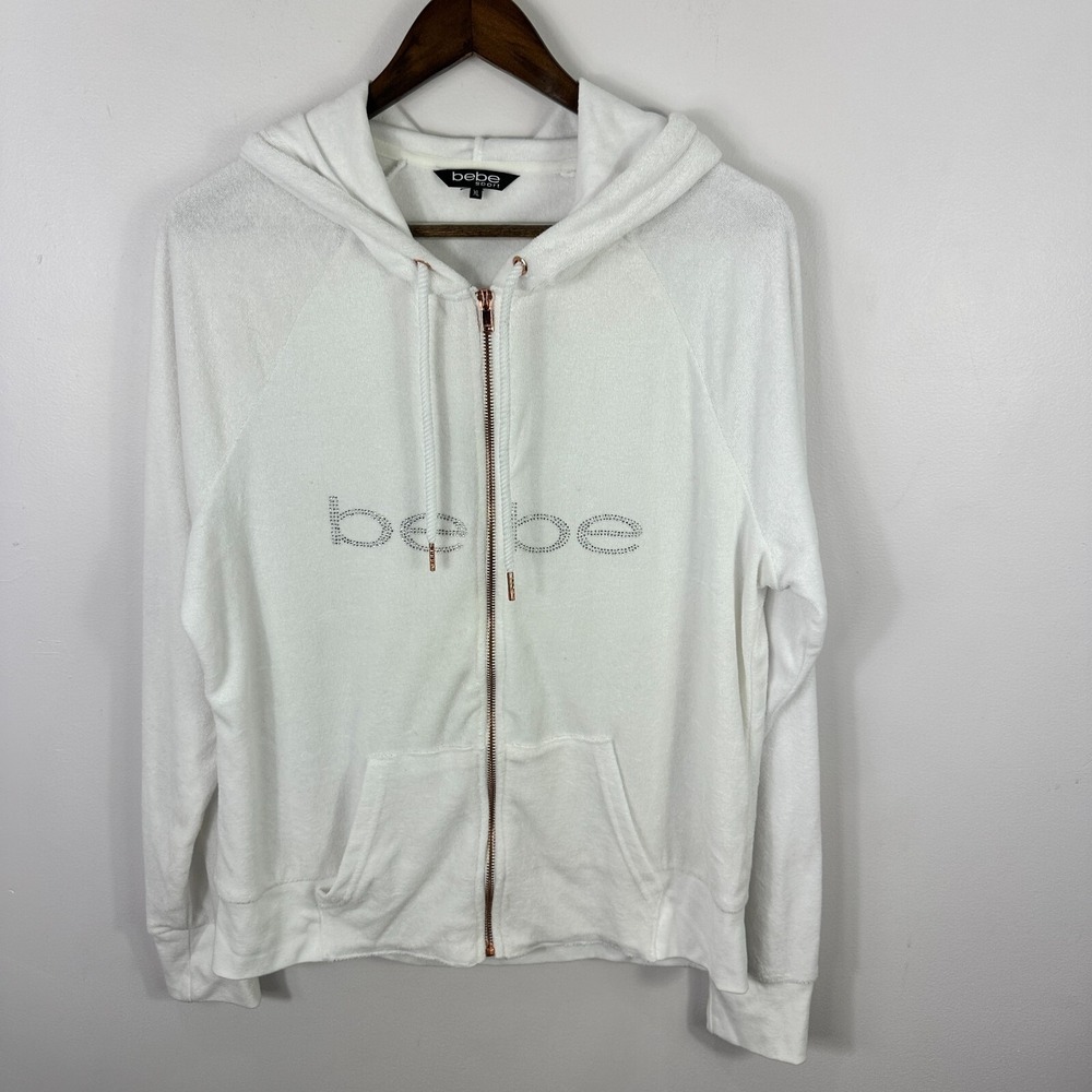 BEBE Womens XL White‎ Full Zip Hoodie Jacket Bling Logo Rhinestone Y2K